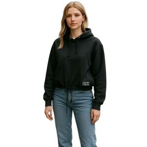 PINK Victoria's Secret Black Crop Boxy Hoodie Pullover Top Drawcord Logo M